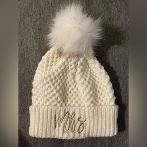 Cream colored knit beanie with “Mrs” embroidery and Pom Pom